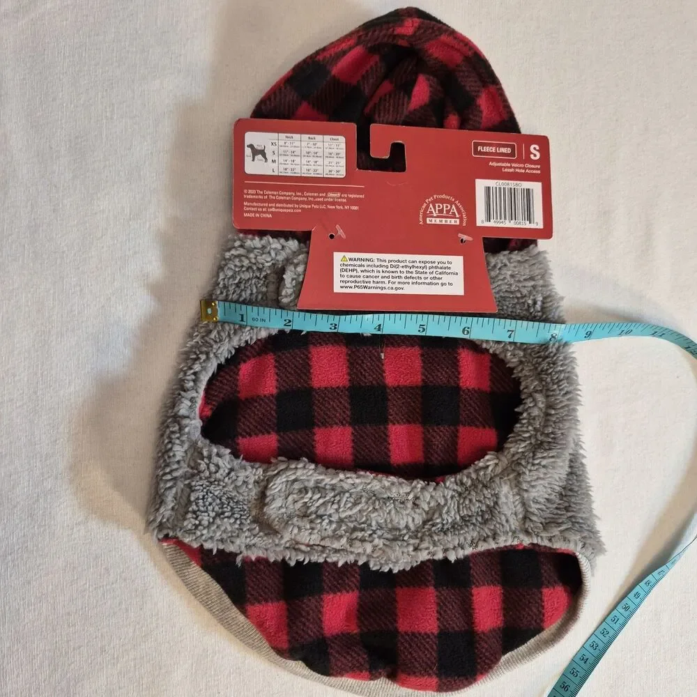 Coleman Pet Plush Jacket Size S Fleece Lined Red Buffalo Check Gray